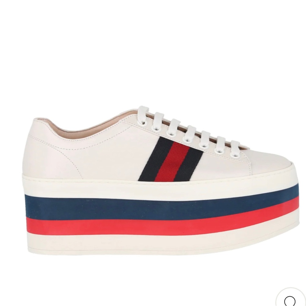 ♥️SALE♥️GUCCI Sneakers Sylvie Web Accent Leather Wedge AUTHENTIC